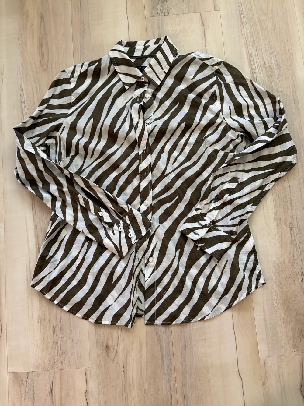 Talbots Olive & White Zebra-Stripe Button-Down Shirt SZ SP